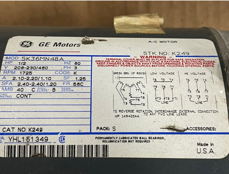 GE Motors 5K36MN48A 1/2 HP 60 HZ 1725 RPM Frame 56C