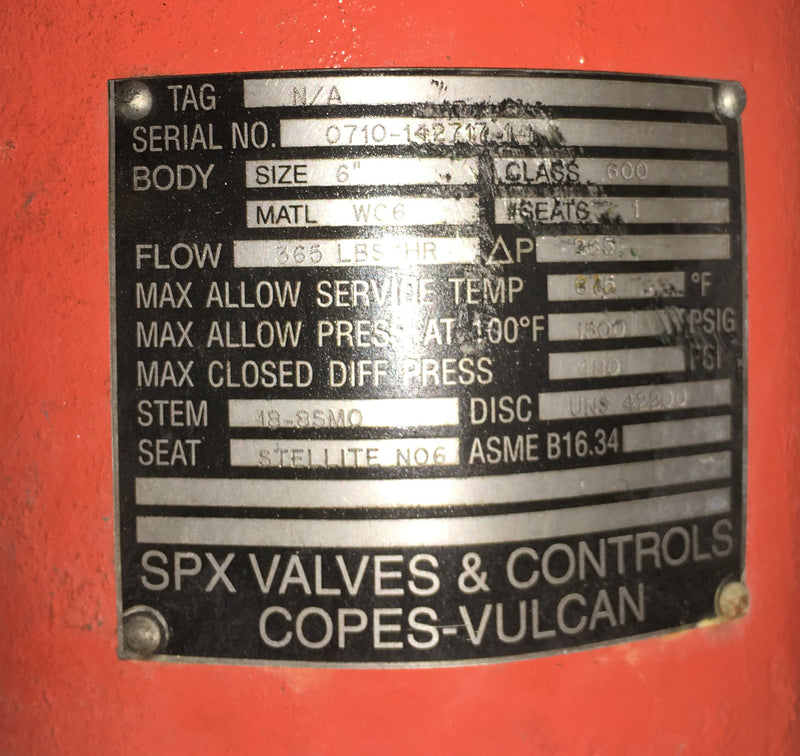 SPX Valves & Controls Copes-Vulcan 6" 1500 PSIG 365 Flow