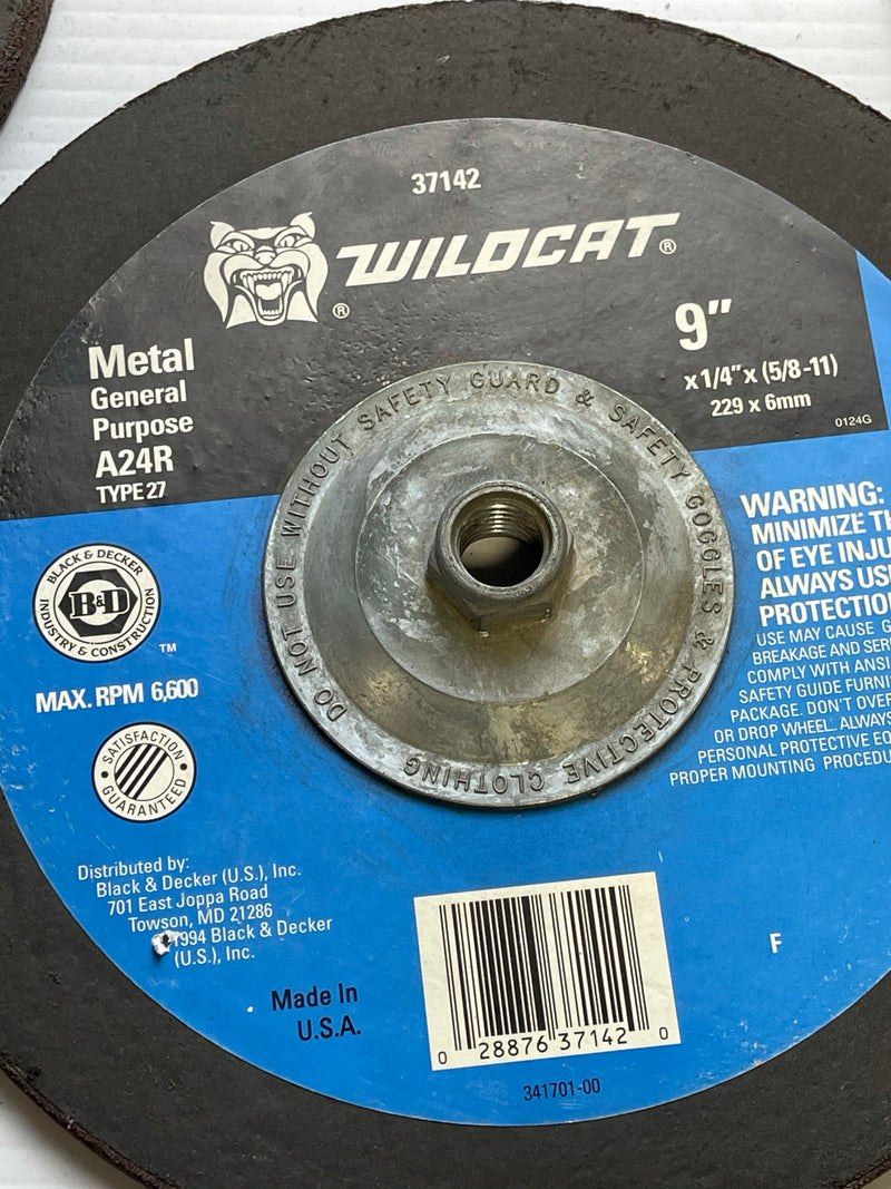 Wildcat Metal Grinding Wheel A24R Type 27 General Purpose 9" x 1/4" Lot of 5