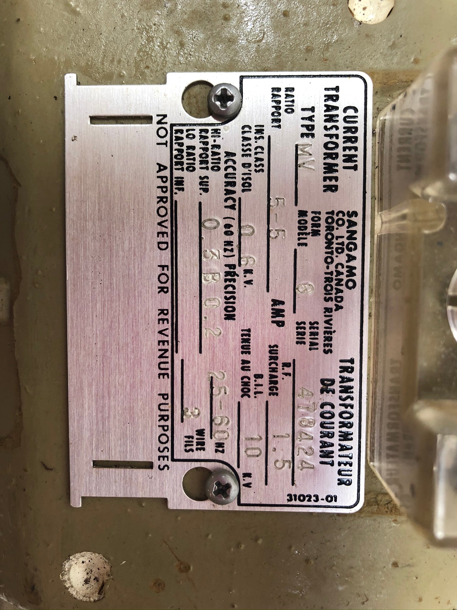 Sangamo Current Transformer Type MV Form 6 5:5 Amp Ratio 0.6KV
