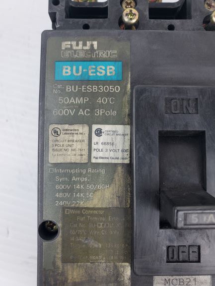 Fuji Electric BU-ESB3050 50AMP 40C 600V AC 3 Pole Circuit Breaker