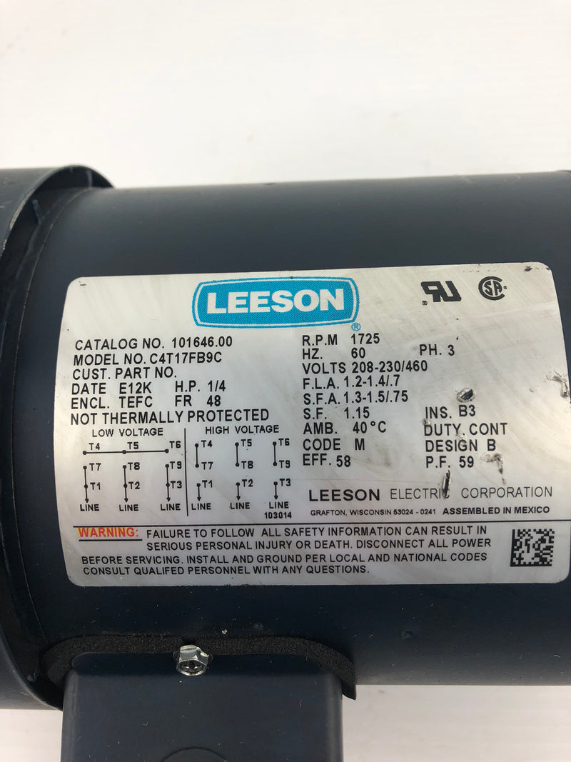 LEESON ELECTRIC Motor C4T17FB9C 101646.00 1/4 HP 1725 RPM 208-230/460V 3PH