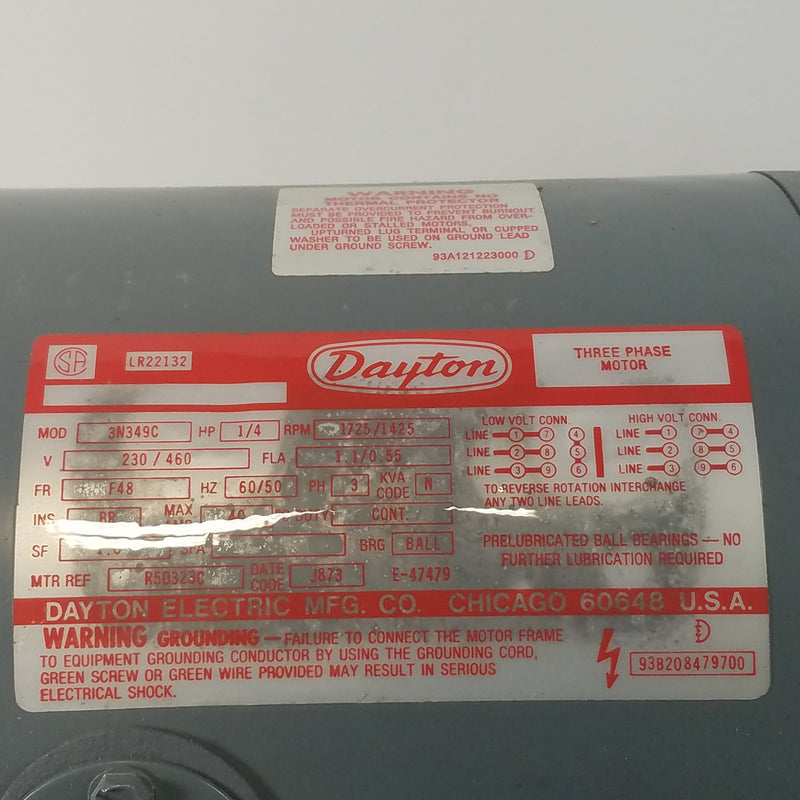 Dayton 3N349C Three Phase Motor 1/4 HP