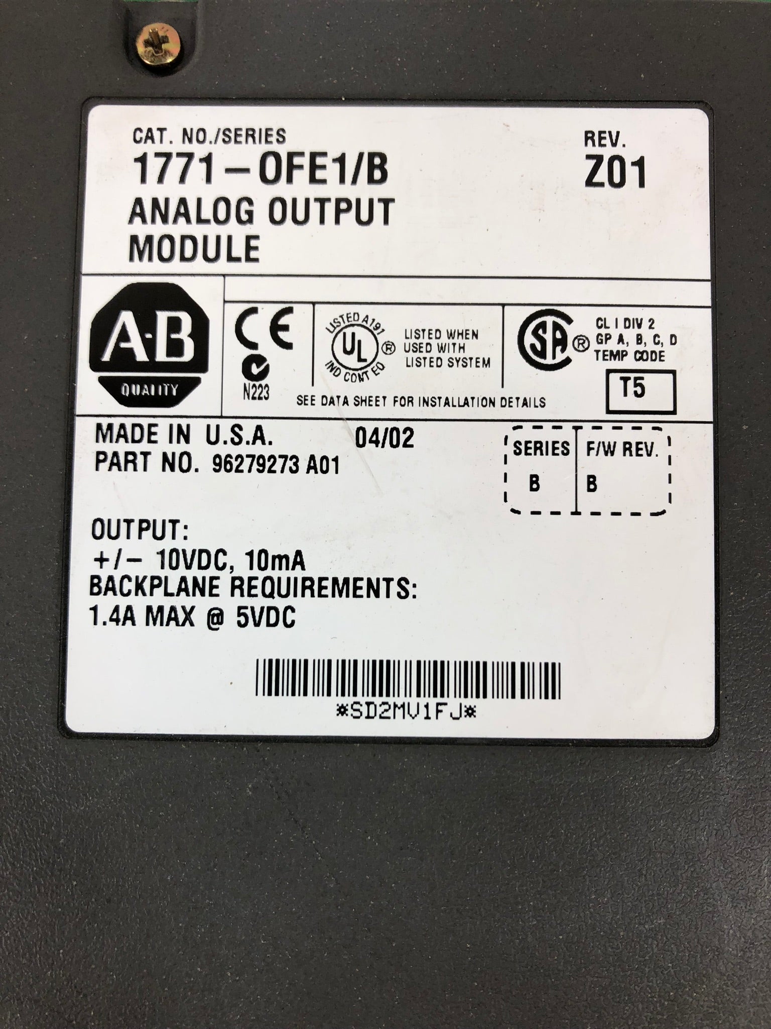 Allen-Bradley 1771-OFE1 Ser. B Analog Output Module with 1771-WC