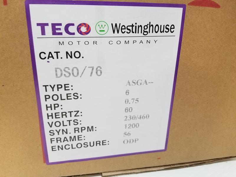 TECO Westinghouse DS0/76 3/4 HP 3 Phase Induction Motor 1140 RPM