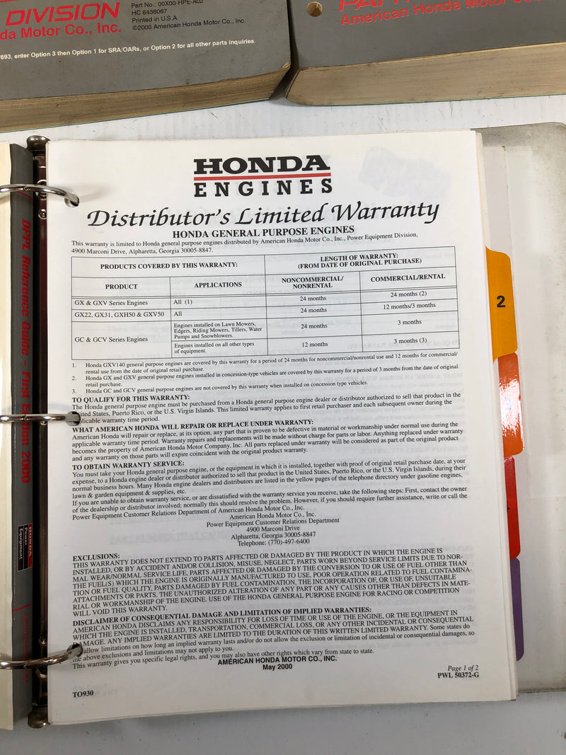 Honda Engine School and Dealer Parts List Lot of 3 Manuals from 2000 and 2001