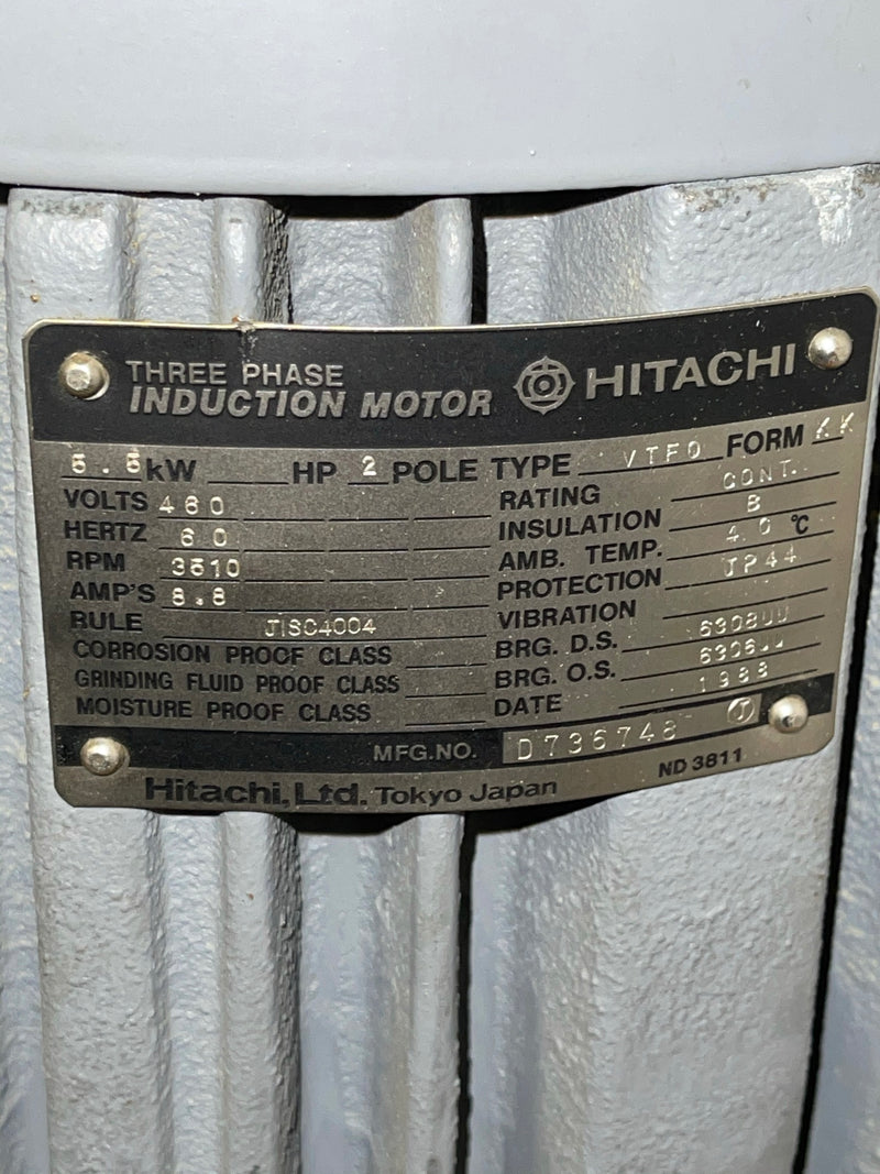 Hitachi Induction Motor 5.5 KW 2 Pole 460 Volts Type VTFO D736748