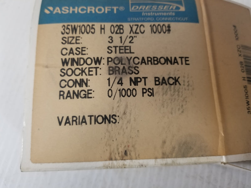 Ashcroft 35W1005 Pressure Gauge 1000PSI
