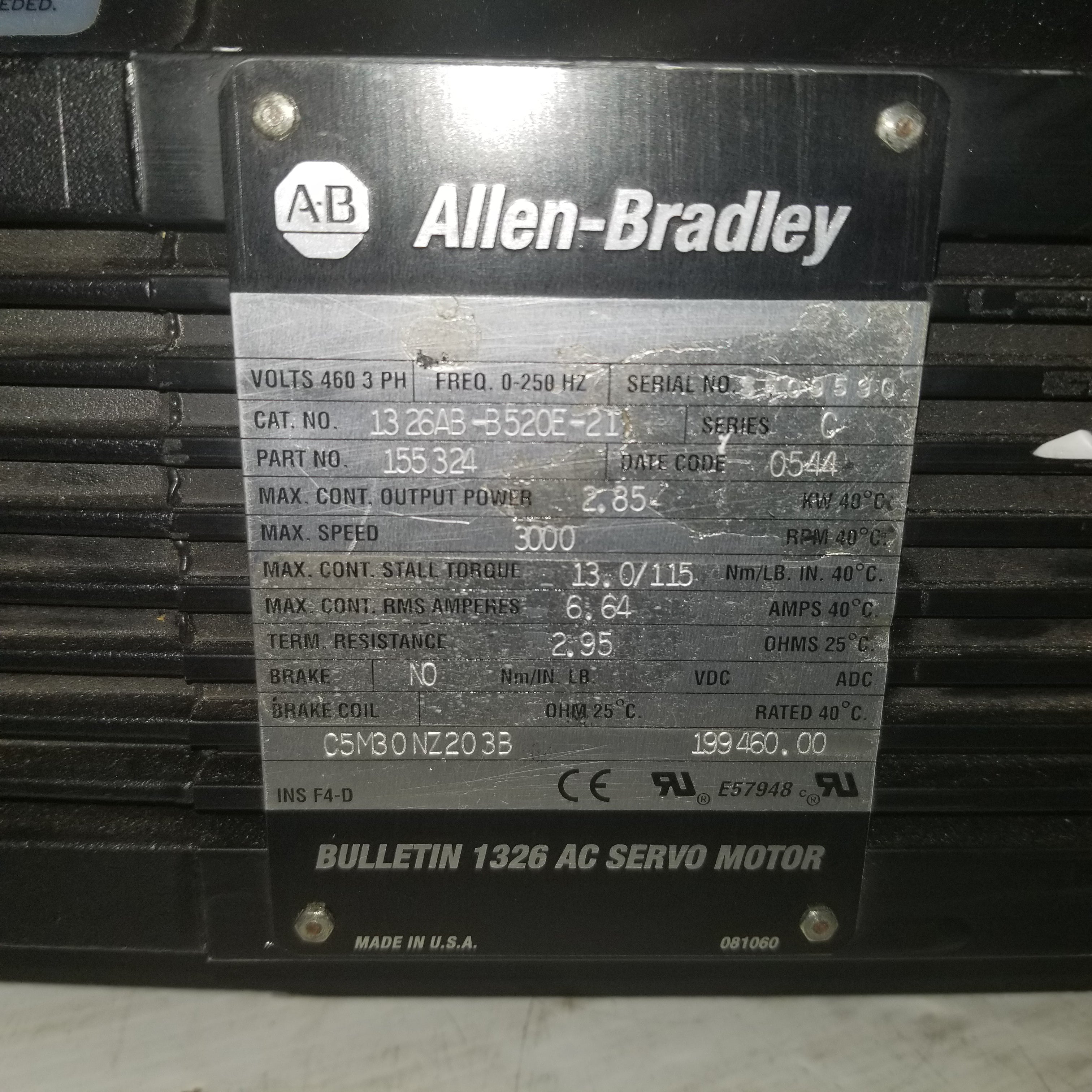 Allen-Bradley 1326AB-B520E-21 AC Servo Motor 155324 Series C 2.85kW 3000 RPM