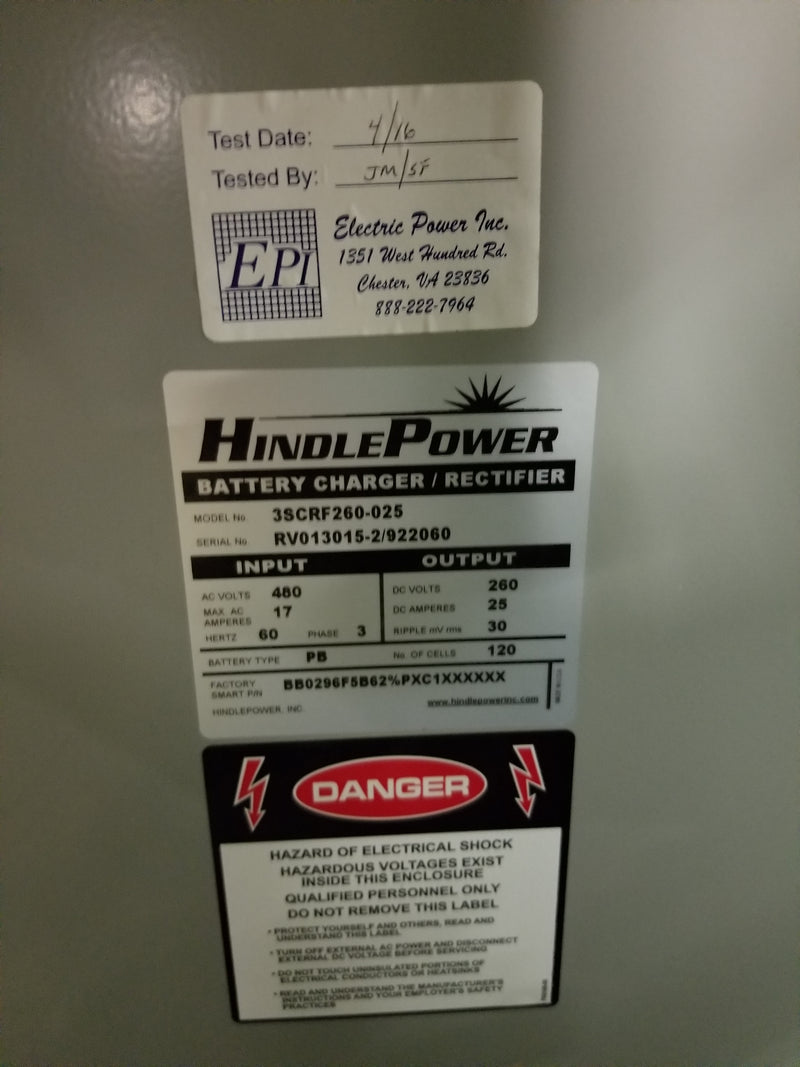 Hindle Power 3SCRF260-025 Battery Charger & Rectifier 480V 3 PH 120 Cells