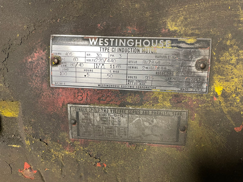 Westinghouse Induction Crane Motor 8N7898 30 HP 220/440V 3PH 1165 RPM