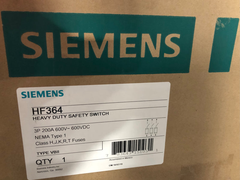 Siemens HF364 Heavy Duty Safety Switch 200A 3P 600V NEMA Type 1 Fusible Indoor