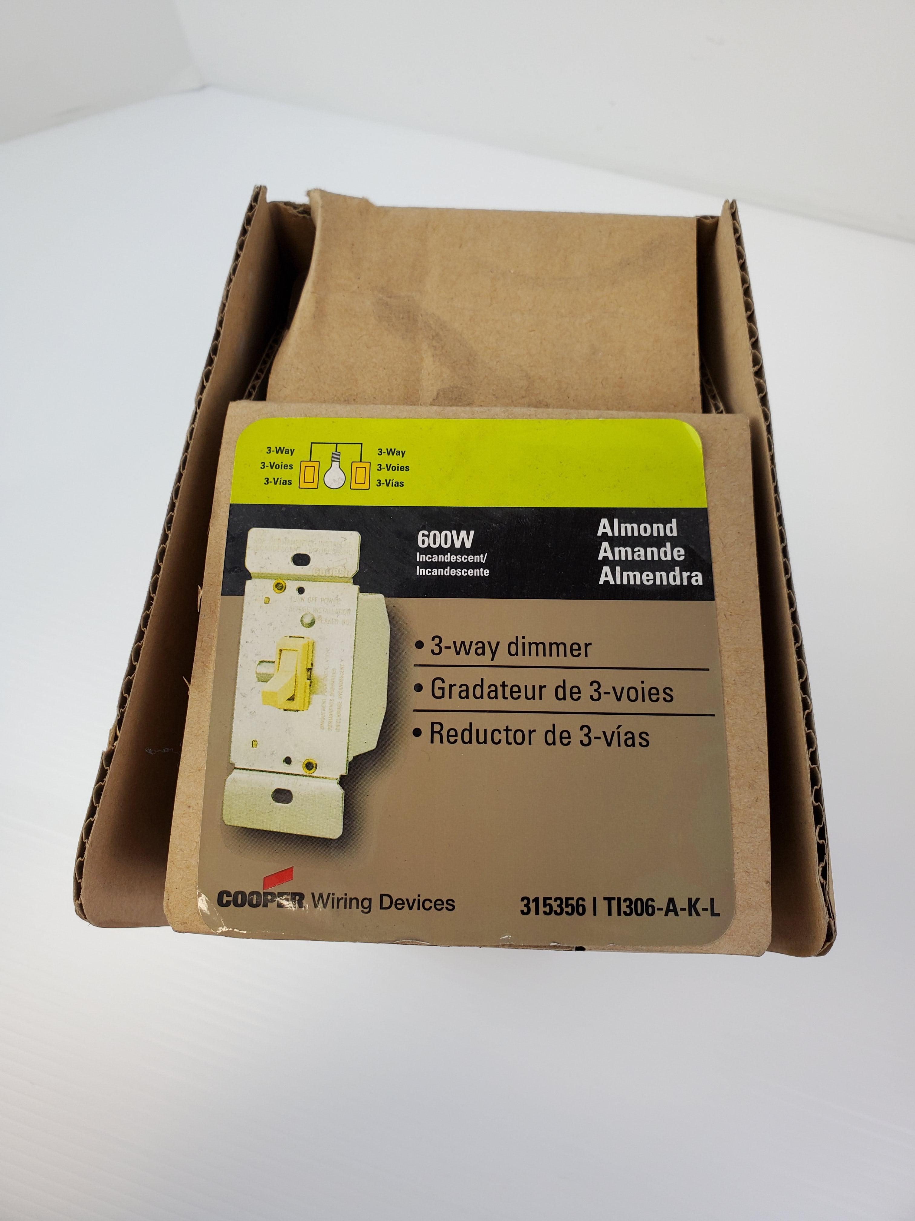 Box of 5 Cooper Wiring Devices 3-Way Toggle Dimmer 315356 TI306-W-K-L Almond