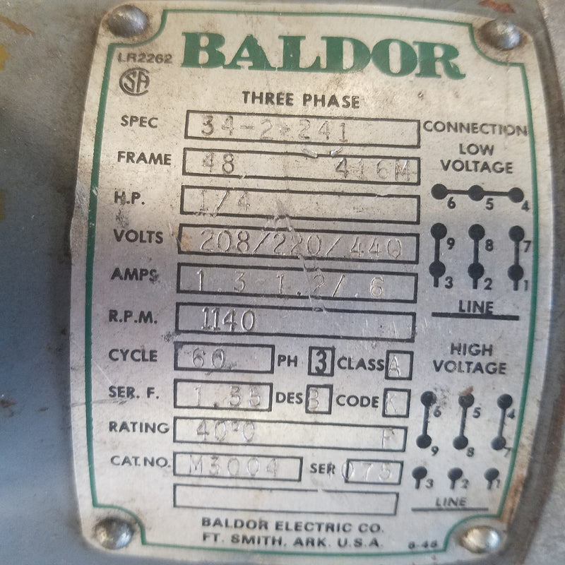 Baldor M3004 1/4 Horsepower Electric Motor 1140 RPM