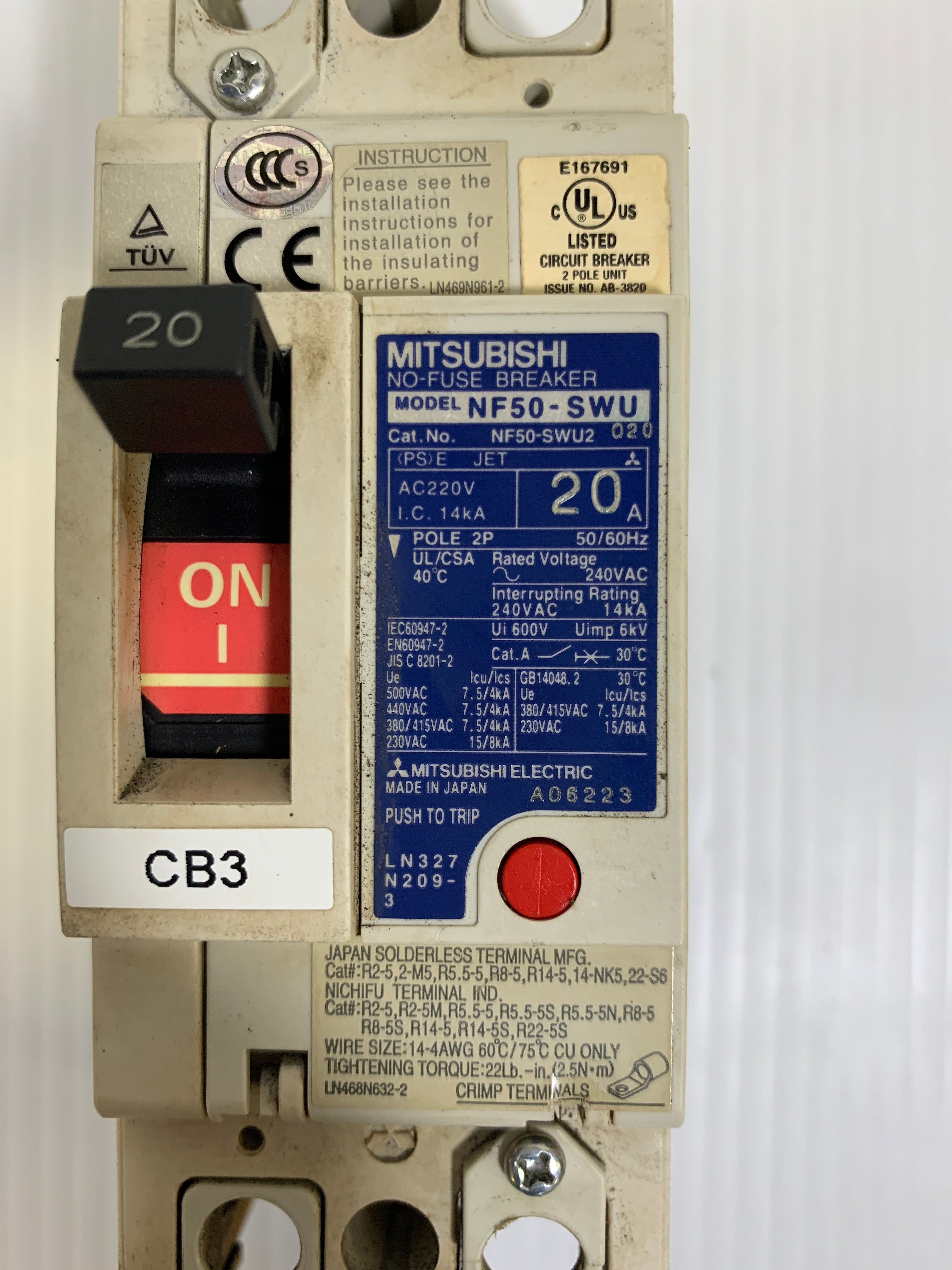 Mitsubishi NF50-SWU No-Fuse Breaker 20 Amp NF50-SWU2