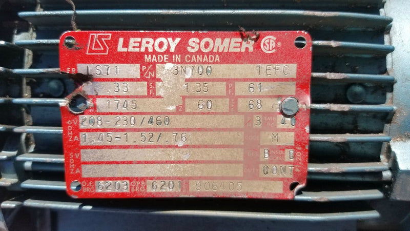 Leroy Somer 3N700 Motor LS71 Frame 1745 RPM 0.33 HP