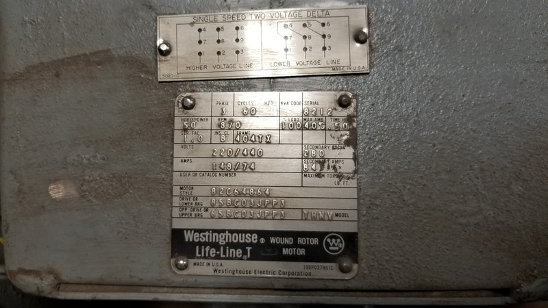 Westinghouse Life-Line T 82C64864 THNV 3 Phase 50HP Wound Rotor Motor