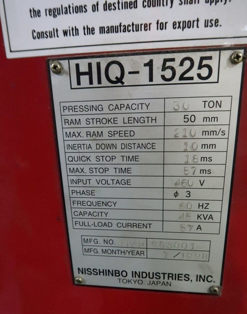 Nisshinbo 30 Ton Turret Punch Press H1Q-1525-CNC HIXH983001 (K-5016)