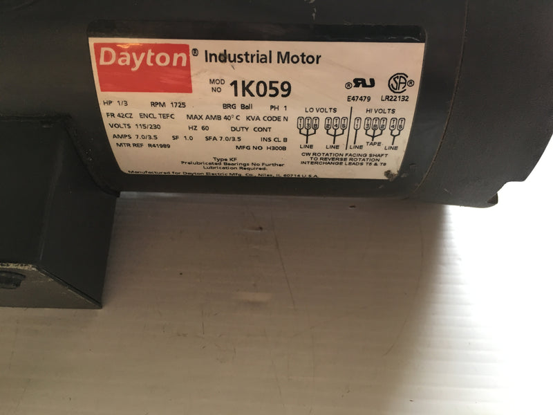 Dayton Electric Industrial Motor 1K059 1/3HP 1725RPM 1PH