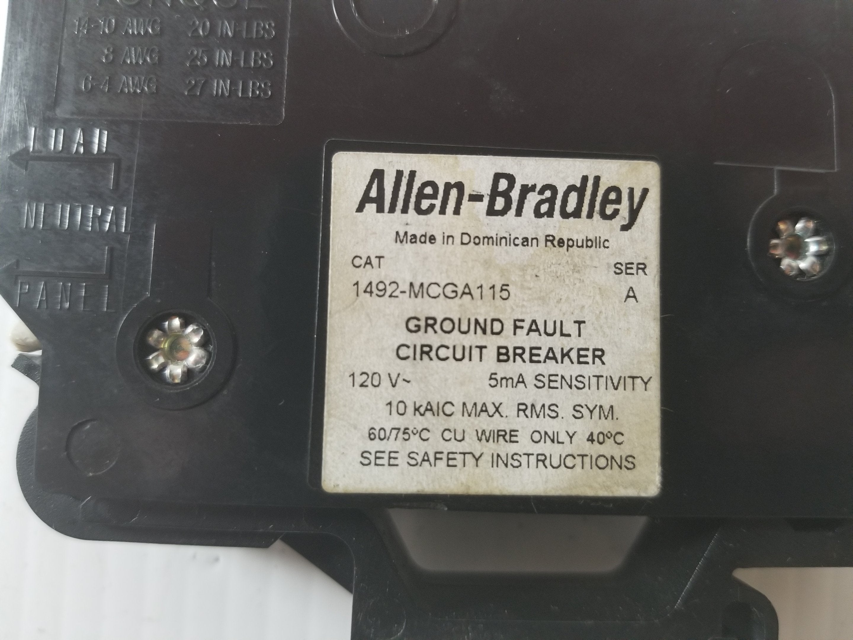 Allen-Bradley 1492-MCGA115 Ground Fault Circuit Breaker 15A 1 Pole
