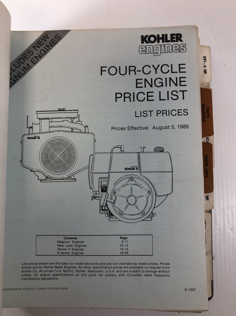 Kohler Engines Parts Manual Four Cycle